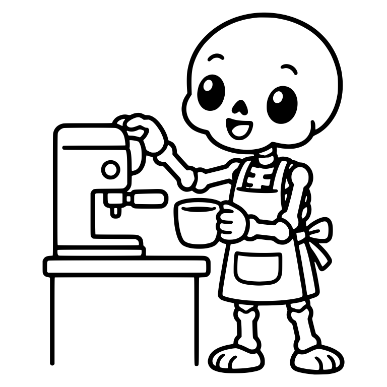 Kawaii Barista Skeleton at Espresso Machine with Cup — free skeleton SVG cut file