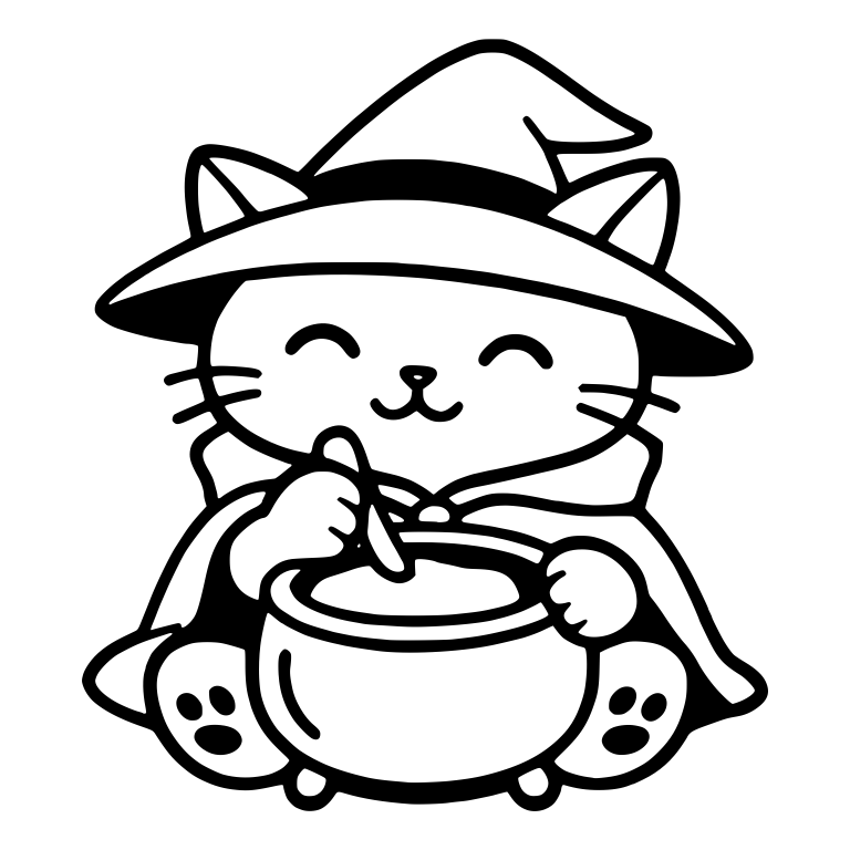 Happy Cat Stirring Cauldron in Witch Hat — free animal SVG cut file