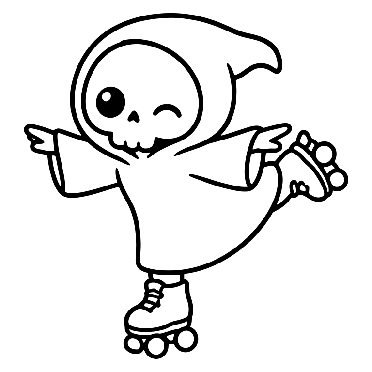Winking Kawaii Grim Reaper on Roller Skates Leg Raised — free characters SVG cut file