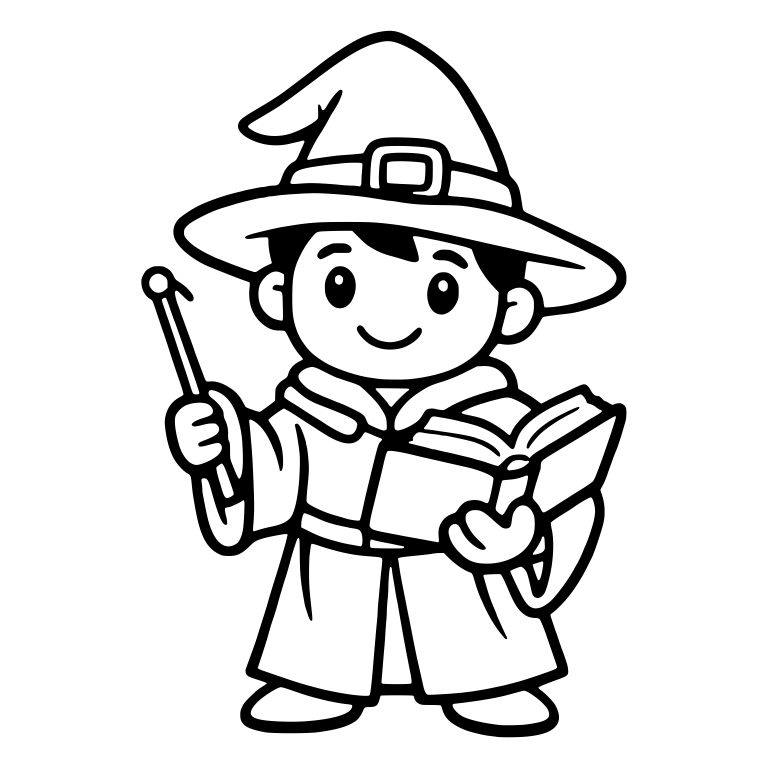 Dark-Haired Young Wizard With Wand and Open Book — free characters SVG cut file