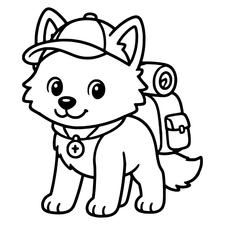 Wolf Cub in Baseball Cap with Backpack and Collar Tag — free animal SVG cut file