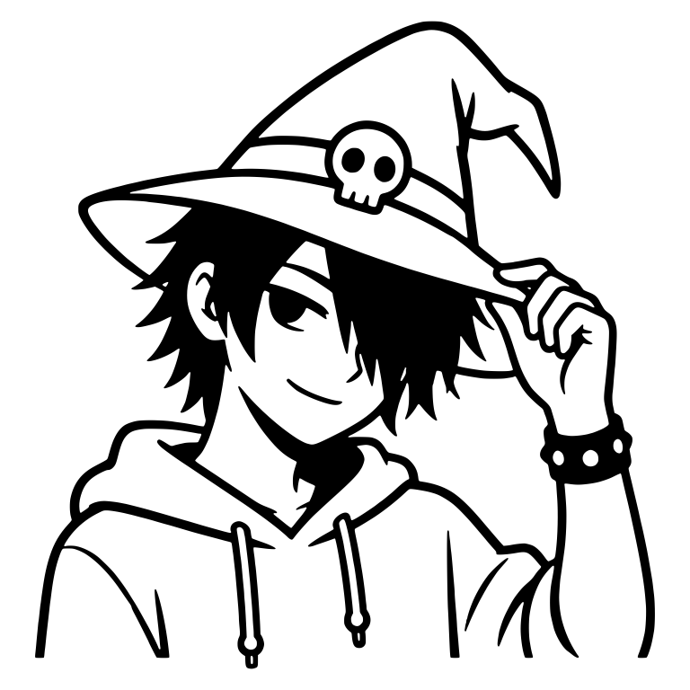 Smirking Emo Boy Tipping Skull Band Witch Hat — free characters SVG cut file