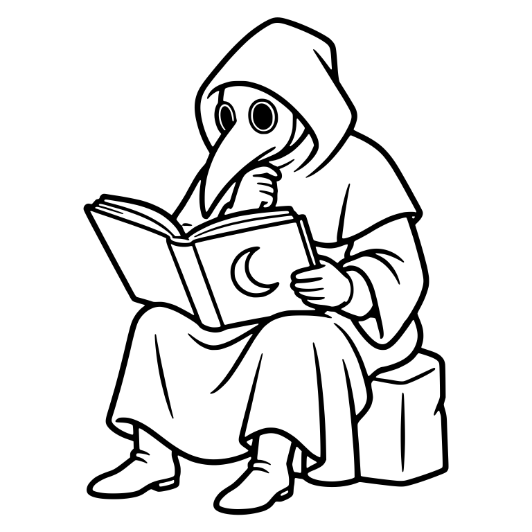 Hooded Plague Doctor Reading Crescent Moon Book — free characters SVG cut file