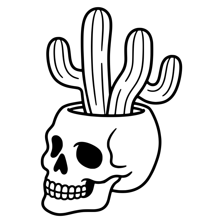 Tilted Skull Planter With Tall Branched Saguaro Cactus — free skeleton SVG cut file