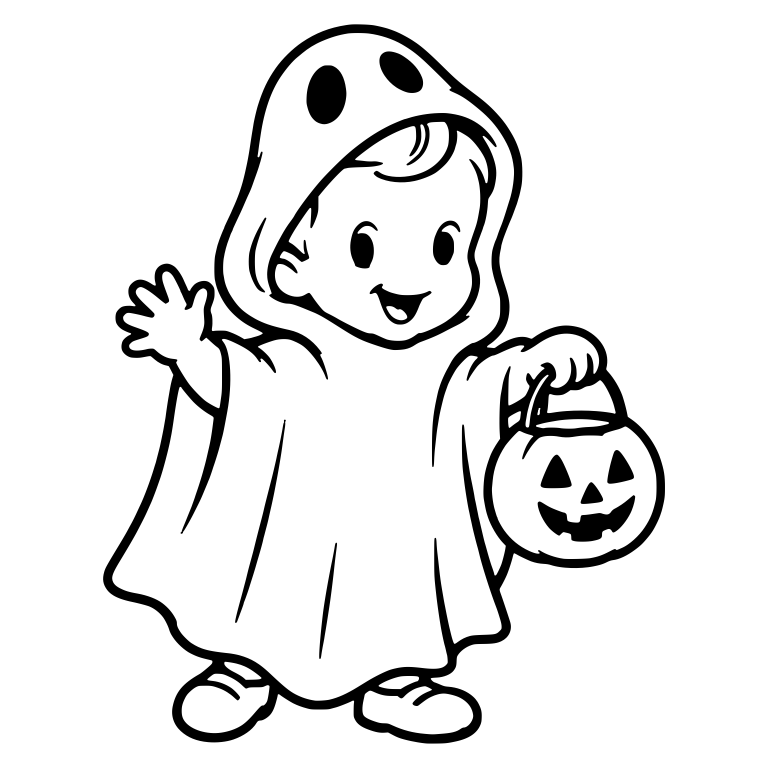 Standing Ghost Hood Kid Waving With Pumpkin Bucket — free characters SVG cut file