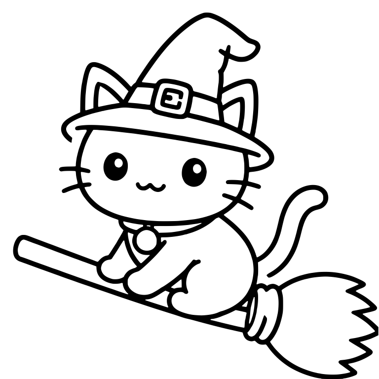 Cat in Witch Hat and Bell Collar Riding Broom — free animal SVG cut file