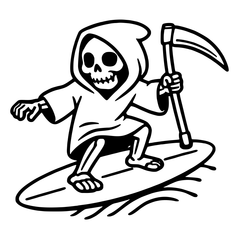 Cartoon Grim Reaper Surfing a Wave with Scythe — free characters SVG cut file
