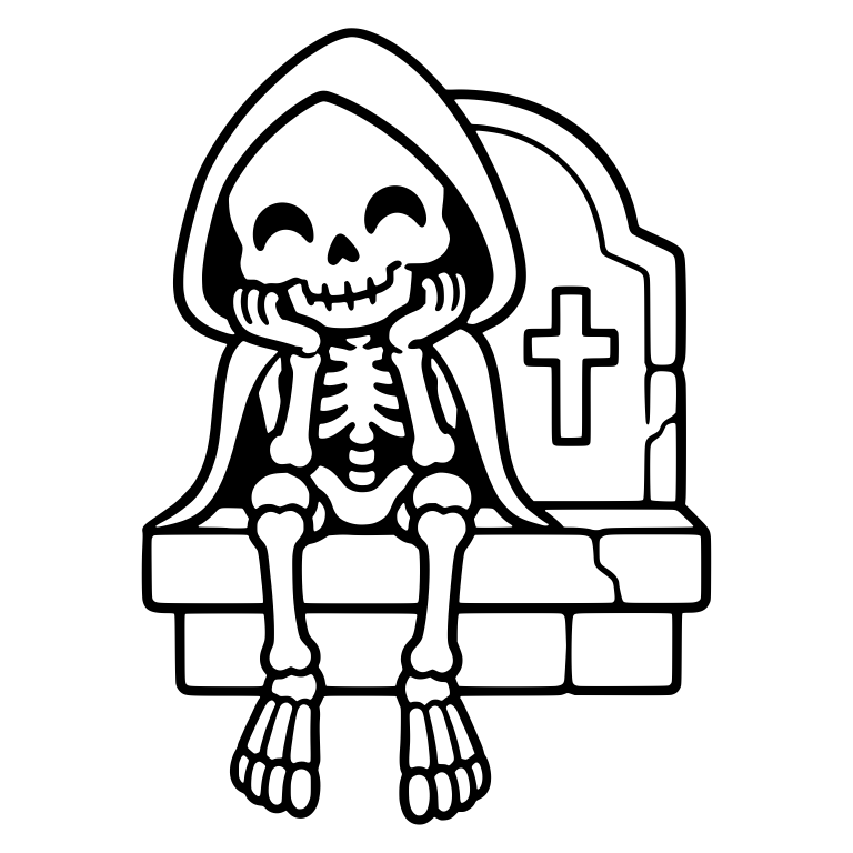 Hooded Skeleton Resting Chin on Hands by a Tombstone — free skeleton SVG cut file