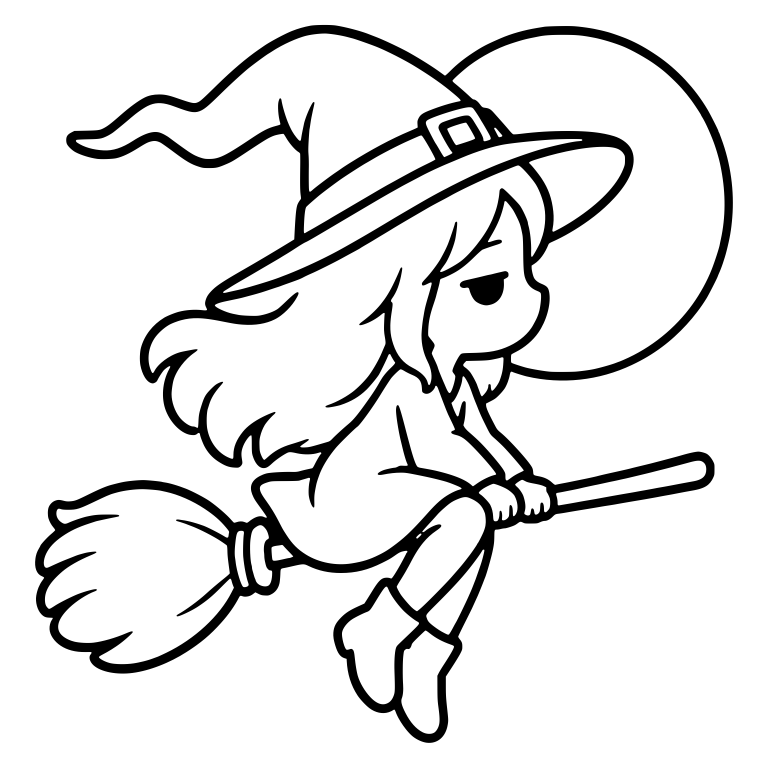 Bored Witch Flying on Broom Past Full Moon Side View — free characters SVG cut file