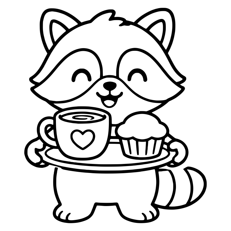Happy Raccoon Serving Coffee and Muffin on Tray — free animal SVG cut file