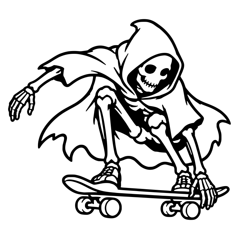 Hooded Reaper Skeleton Crouching on Skateboard — free skeleton SVG cut file