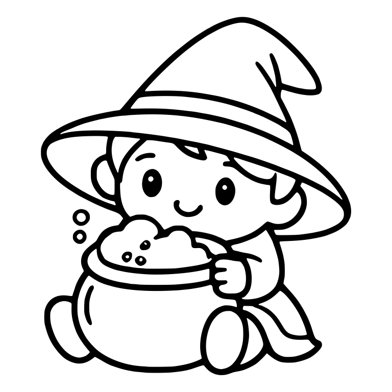 Little Wizard Sitting With Bubbling Cauldron — free characters SVG cut file