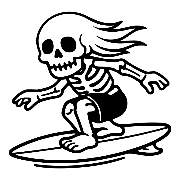 Long Haired Skeleton Surfer Riding a Surfboard — free skeleton SVG cut file