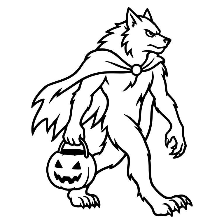 Caped Werewolf Striding with a Jack-o'-Lantern Pail — free fantasy-creature SVG cut file