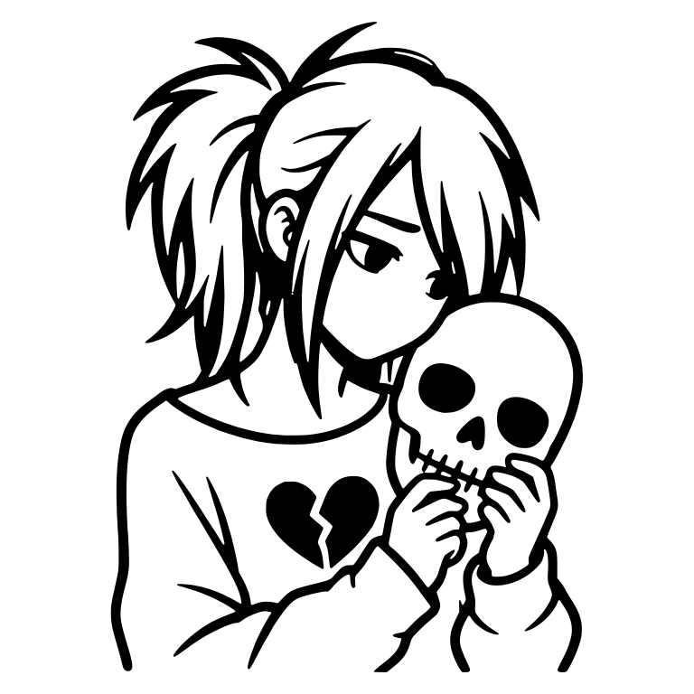 Pigtail Emo Girl Hugging Skull Mask to Her Chin — free characters SVG cut file