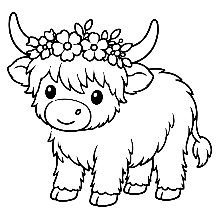Standing Highland Cow With Flower Crown And Tufted Tail — free animal SVG cut file