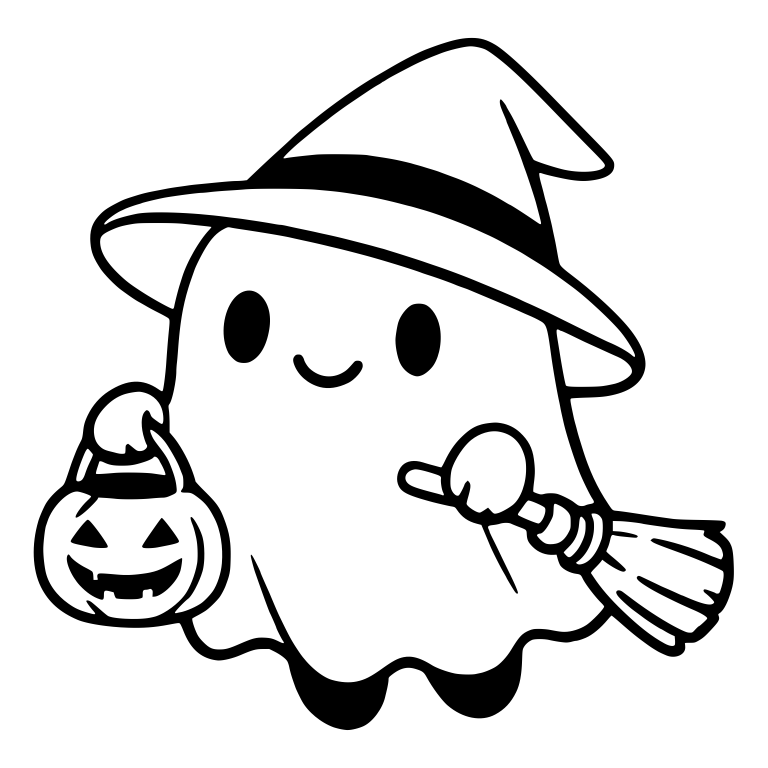 Ghost in Witch Hat with Pumpkin Bucket and Broom — free fantasy-creature SVG cut file