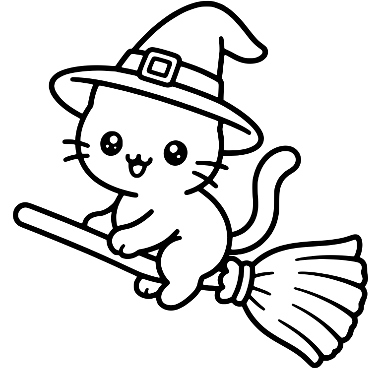 Cat in Witch Hat Riding Flying Broom with Open Smile — free animal SVG cut file