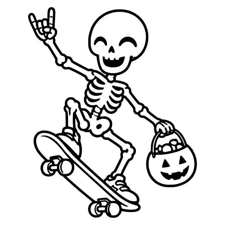 Laughing Skeleton Skater with Rock Sign and Candy Bucket — free skeleton SVG cut file