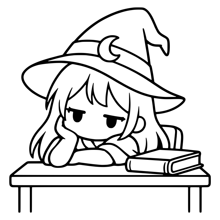Bored Witch at Desk with Closed Book and Moon Hat — free characters SVG cut file
