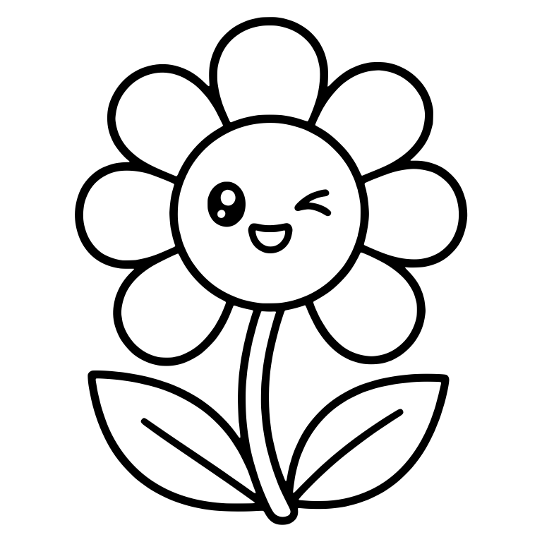 Winking Kawaii Daisy With Curved Stem And Two Leaves — free floral SVG cut file