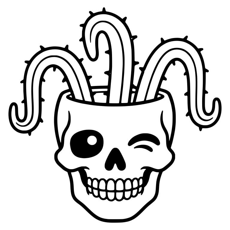 Winking Skull Planter With Big Arching Fishhook Cacti — free skeleton SVG cut file