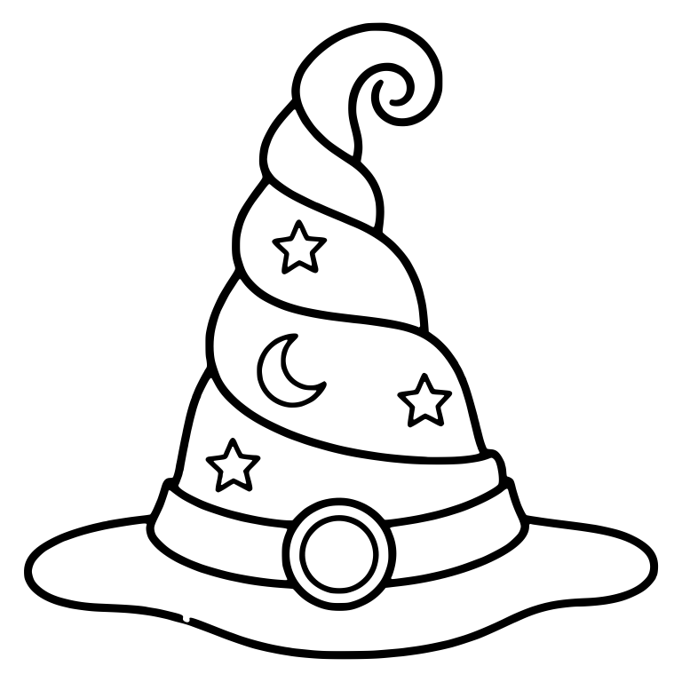 Spiral-Tip Witch Hat with Stars, Moon and Round Buckle — free objects SVG cut file