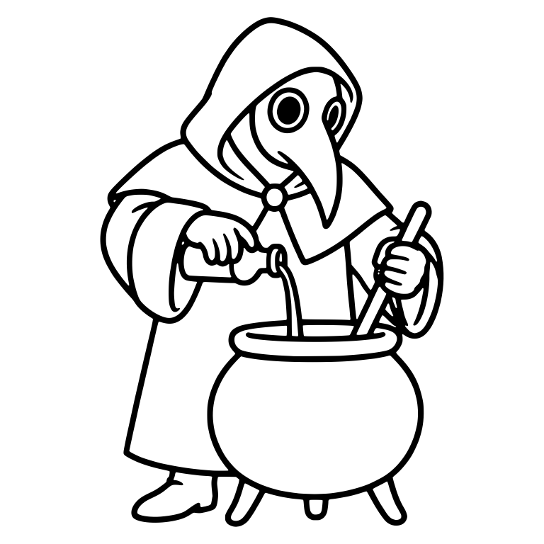 Hooded Plague Doctor Pouring Potion into Cauldron — free characters SVG cut file
