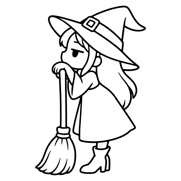 Bored Witch Leaning on Broom Handle in Profile — free characters SVG cut file