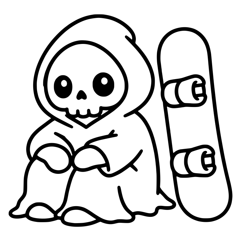 Kawaii Grim Reaper Sitting Beside Standing Snowboard — free characters SVG cut file