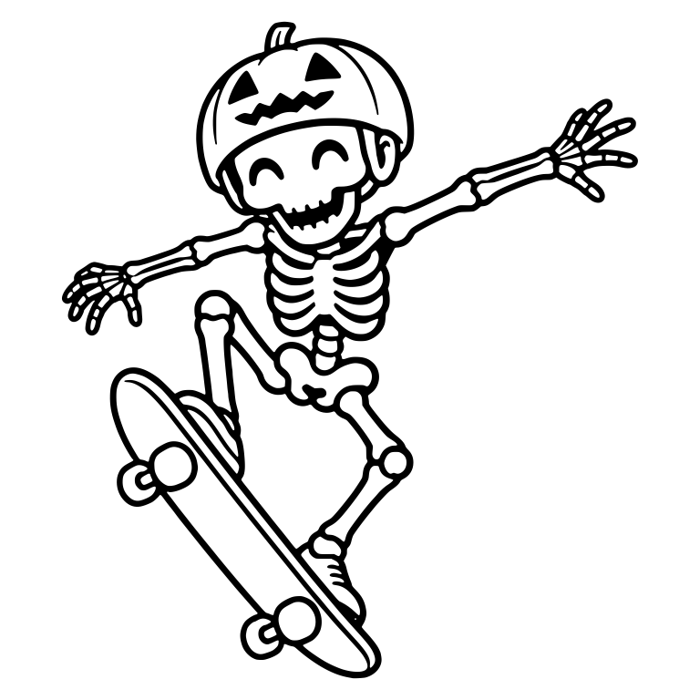 Laughing Skeleton Jumping Skateboard In Pumpkin Helmet — free skeleton SVG cut file