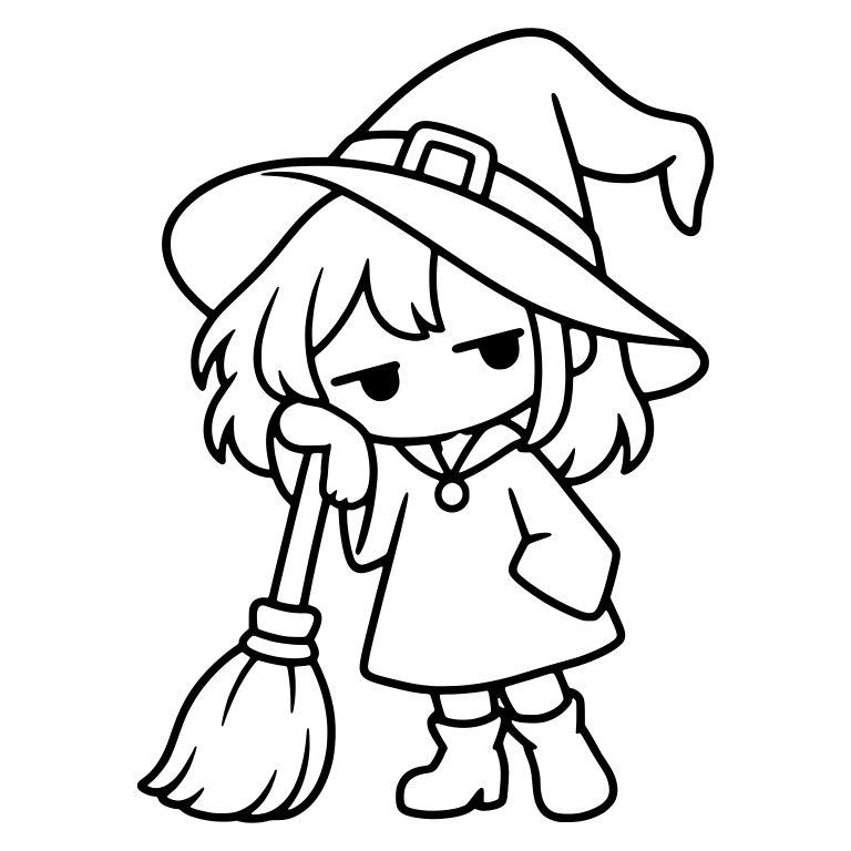 Slouching Bored Witch Leaning Cheek on Broom — free characters SVG cut file