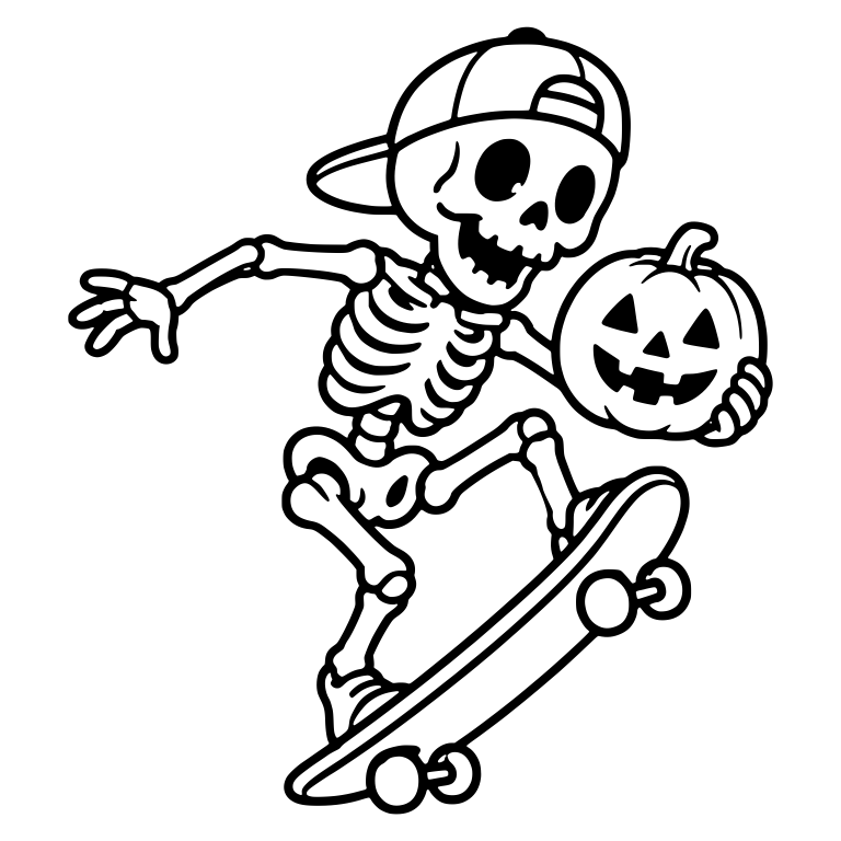 Skeleton in Backwards Cap Holding Pumpkin Midair — free skeleton SVG cut file