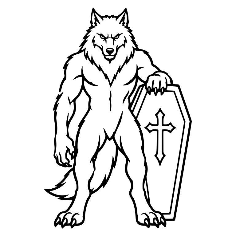 Tall Werewolf Standing Beside a Slanted Coffin with Cross — free fantasy-creature SVG cut file