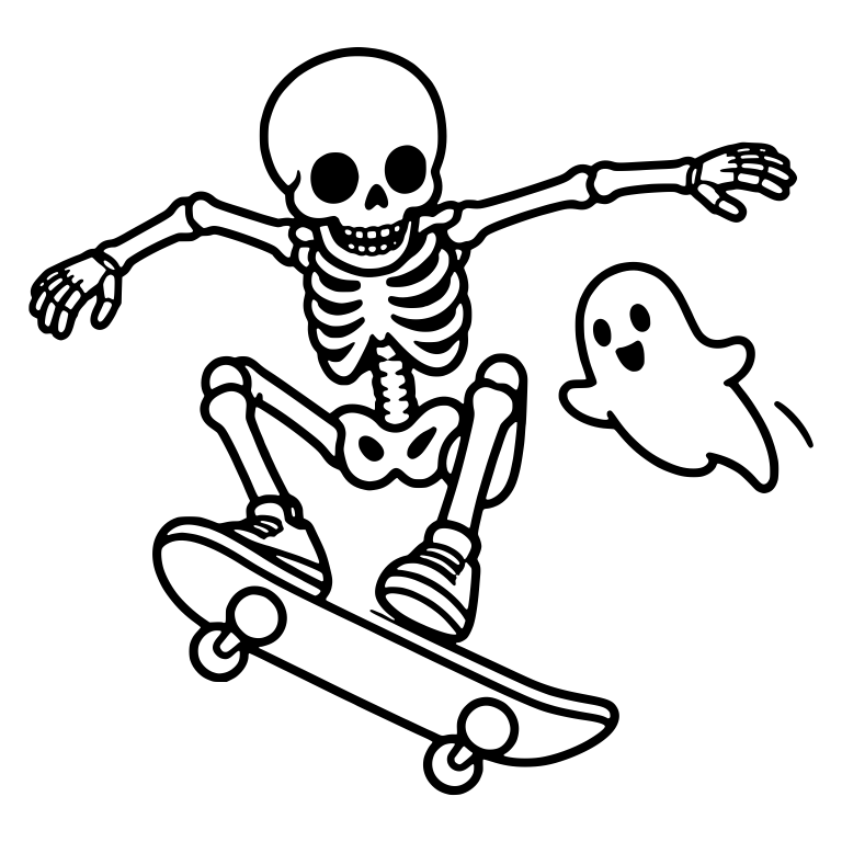 Skeleton Skateboarder Midair With Friendly Ghost — free skeleton SVG cut file