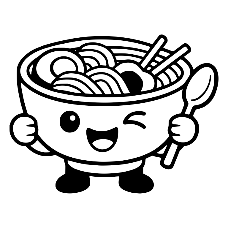 Winking Ramen Bowl Character Holding a Spoon — free food SVG cut file
