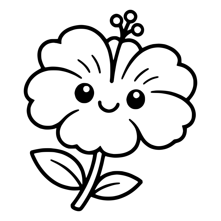 Kawaii Hibiscus With Smiling Face and Two Leaves — free floral SVG cut file