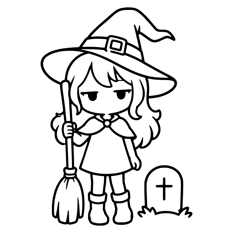 Bored Witch with Broom Beside Cross Gravestone — free characters SVG cut file