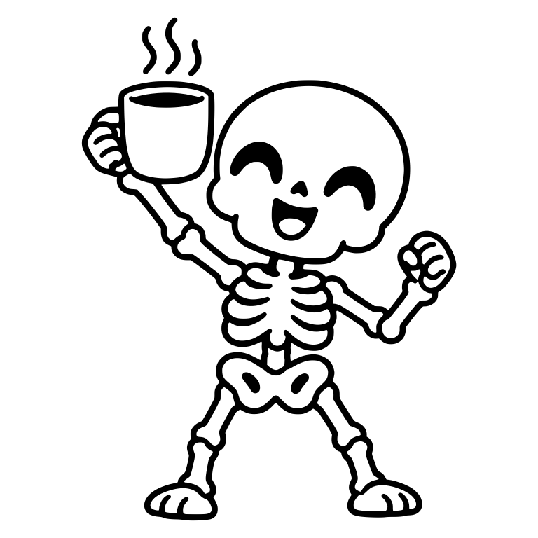 Victory Pose Skeleton Raising a Steaming Coffee Mug — free skeleton SVG cut file