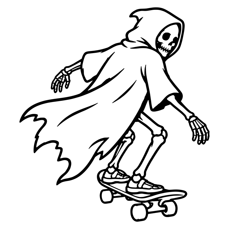 Skeleton in Long Reaper Cloak Riding Skateboard — free skeleton SVG cut file