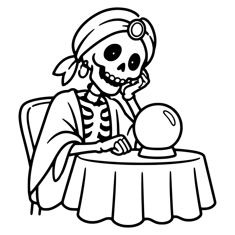 Skeleton Fortune Teller Seated at Table with Chair — free skeleton SVG cut file