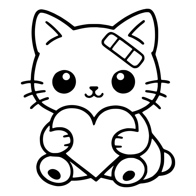 Kawaii Kitten Hugging Heart With Bandage On Head — free animal SVG cut file