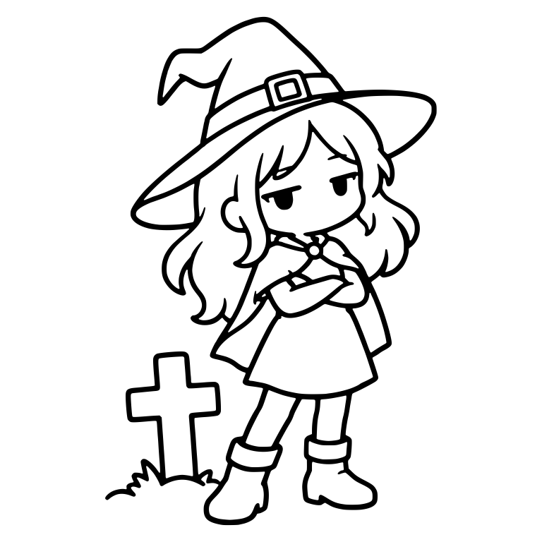 Bored Witch with Folded Arms by Cross Grave Marker — free characters SVG cut file