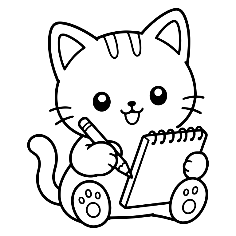 Kawaii Kitten Sketching in a Spiral Notepad — free animal SVG cut file