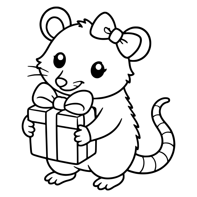 Opossum With Hair Bow Carrying a Birthday Gift Box — free animal SVG cut file