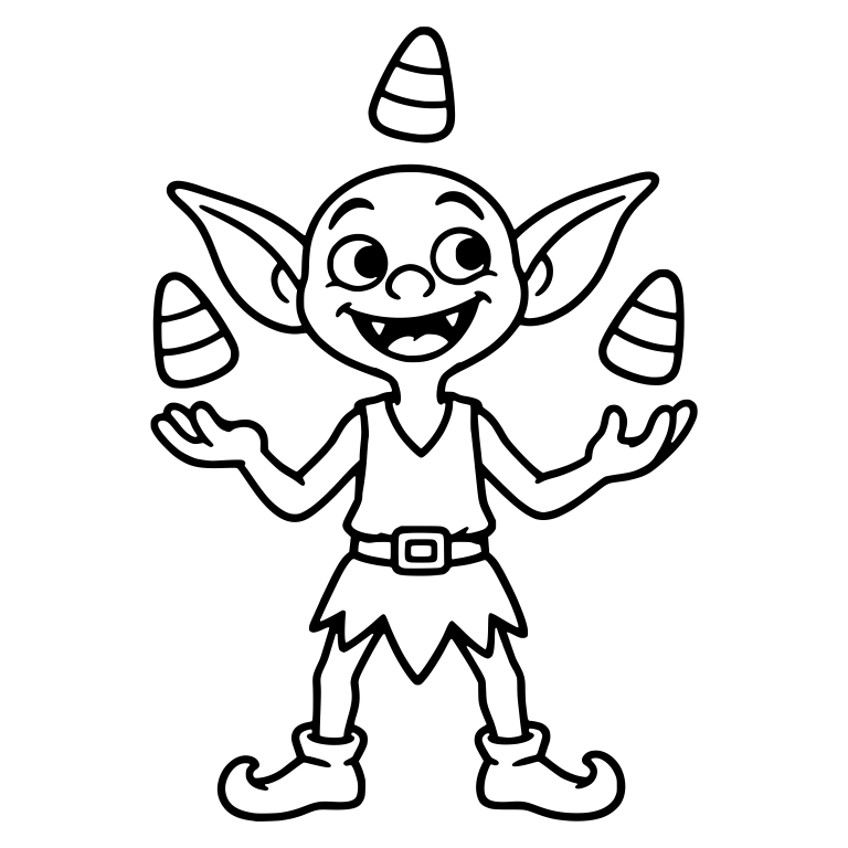 Goblin in Curly Boots and Vest Juggling Candy Corn — free fantasy-creature SVG cut file