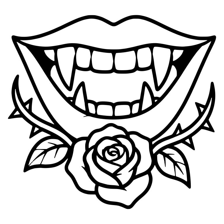 Grinning Vampire Mouth with Rose and Thorny Vines — free fantasy-creature SVG cut file