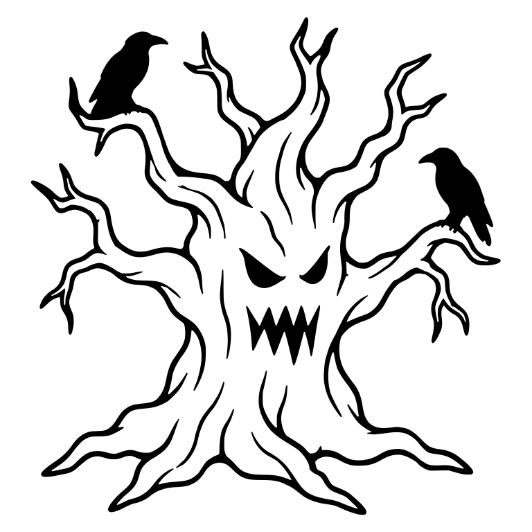 Angry Fanged Tree with Two Perched Ravens — free fantasy-creature SVG cut file