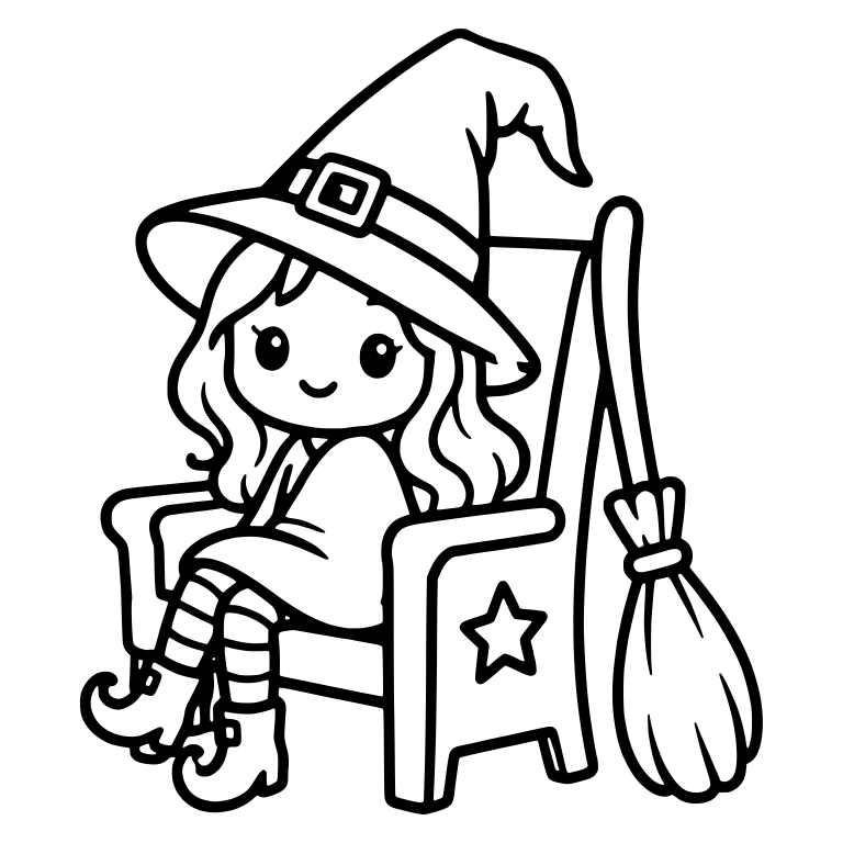 Little Witch in a Star Armchair With Her Broom — free characters SVG cut file
