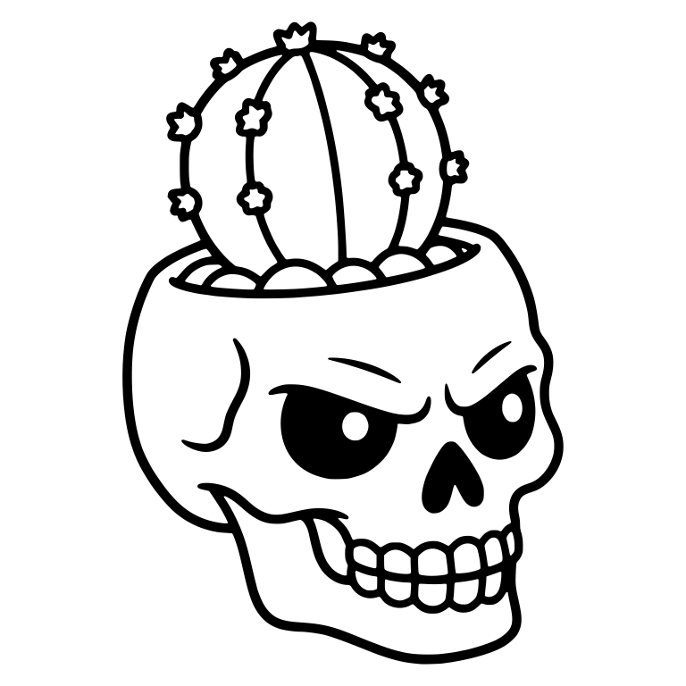 Angry Tilted Skull Planter with Star-Spined Cactus — free skeleton SVG cut file
